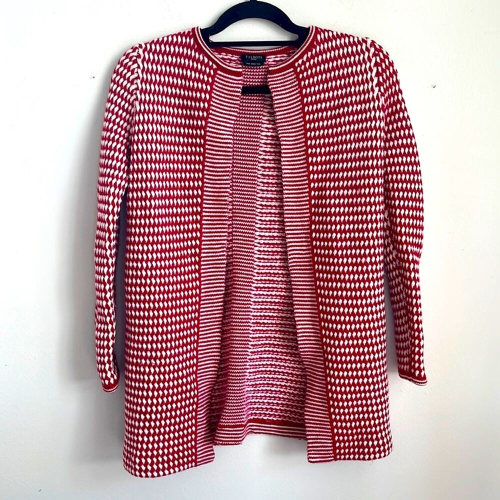 Talbots 100% merino wool striped open front long line cardigan